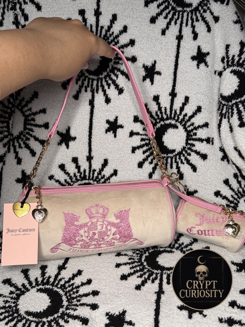 NWT Juicy Couture Scottie Barrel Bag with Mini Bag Charm Sandstone & Pink